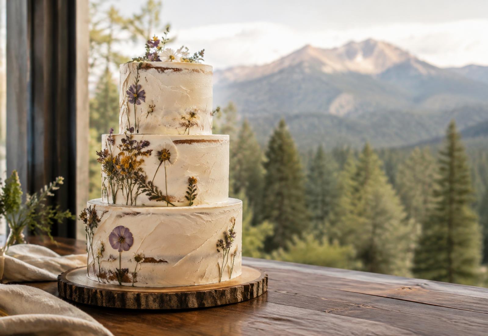 Three-tier wildflower wedding cake with Pikes Peak behind